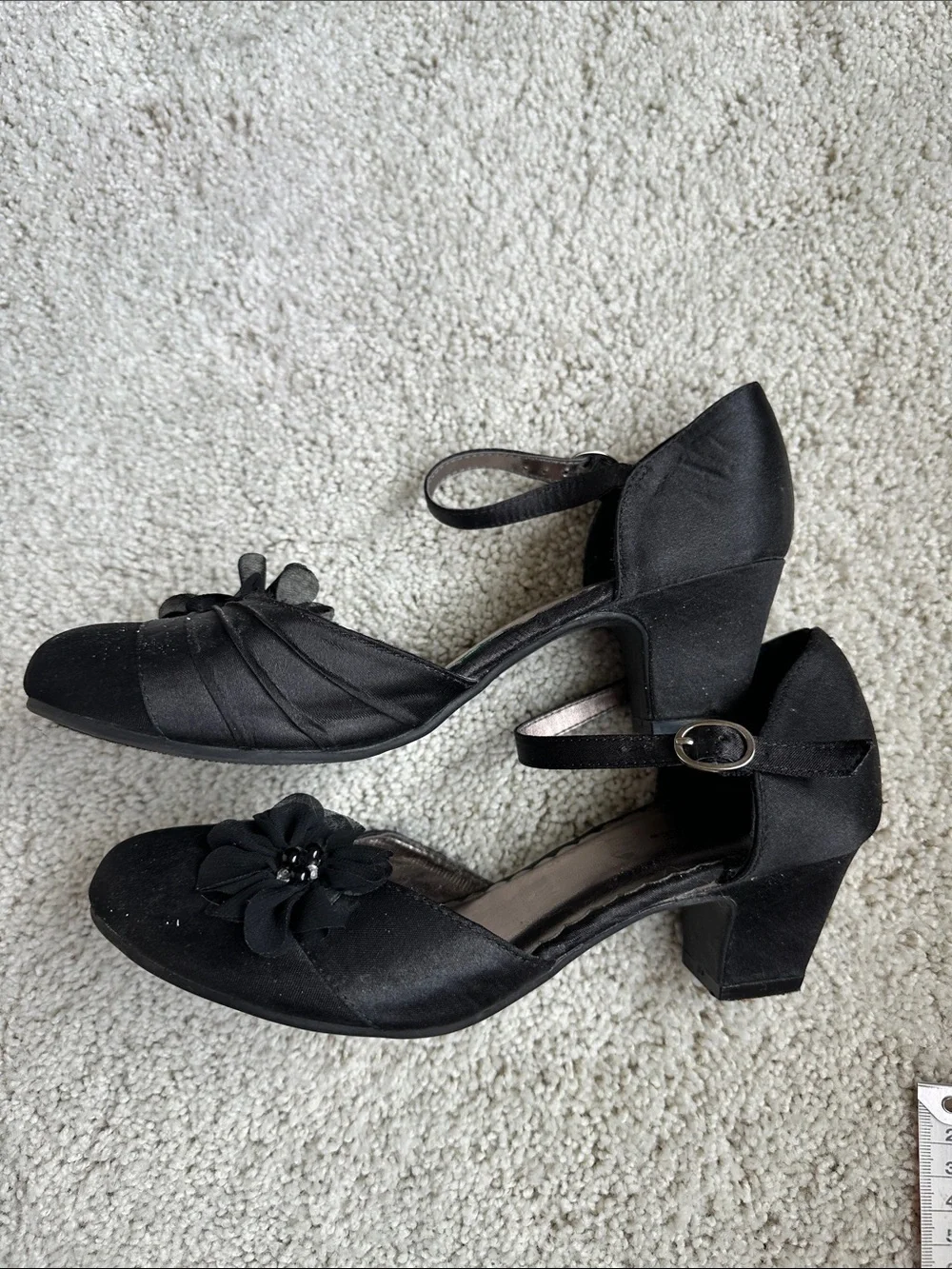 Vintage Cherokee Girls Youth Black Satin Dress Heels Floral Mary Jane Shoes 5